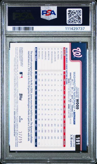 2025 Topps #181 James Wood Autograph Green Foil 37/99 PSA 9