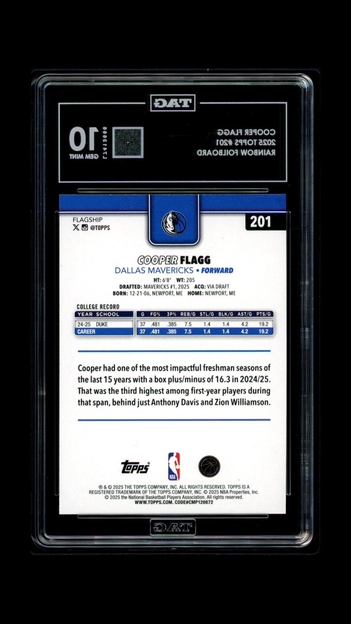 2025 Topps #201 Cooper Flagg Rainbow Foilboard TAG 10 POP 1