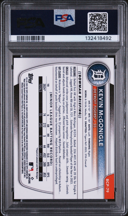 2025 Bowman #BCP79 Kevin McGonigle Chrome Prospect Blue Shimmer 95/150 PSA 9