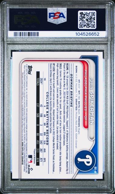 2024 Bowman Draft #BDC49 John Spikerman Chrome Aqua Lunar Crater Refractor 94/125 PSA 10