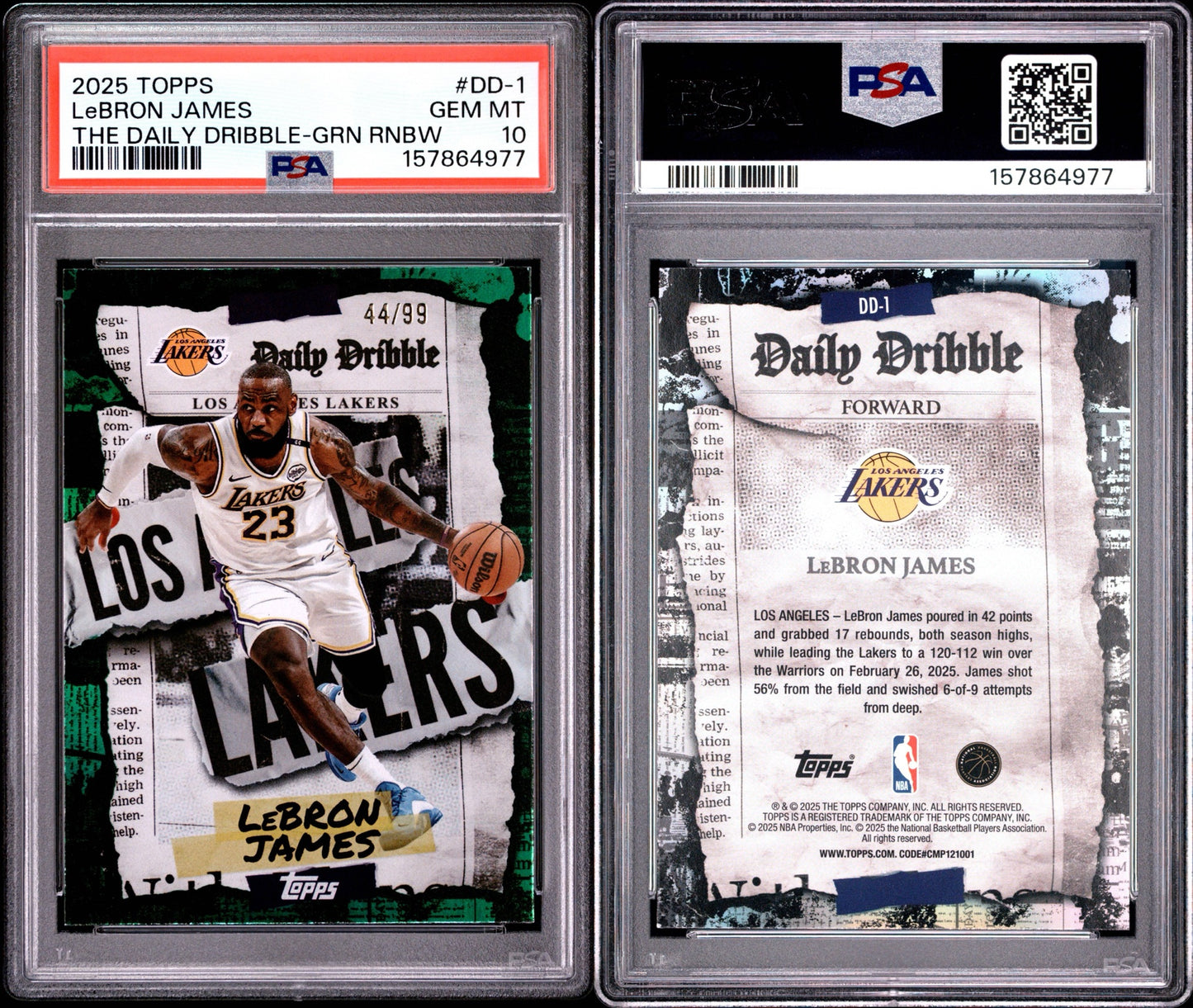 2025 TOPPS THE DAILY DRIBBLE #DD-1 LEBRON JAMES THE DAILY DRIBBLE-GRN RNBW /99 PSA 10 POP 1