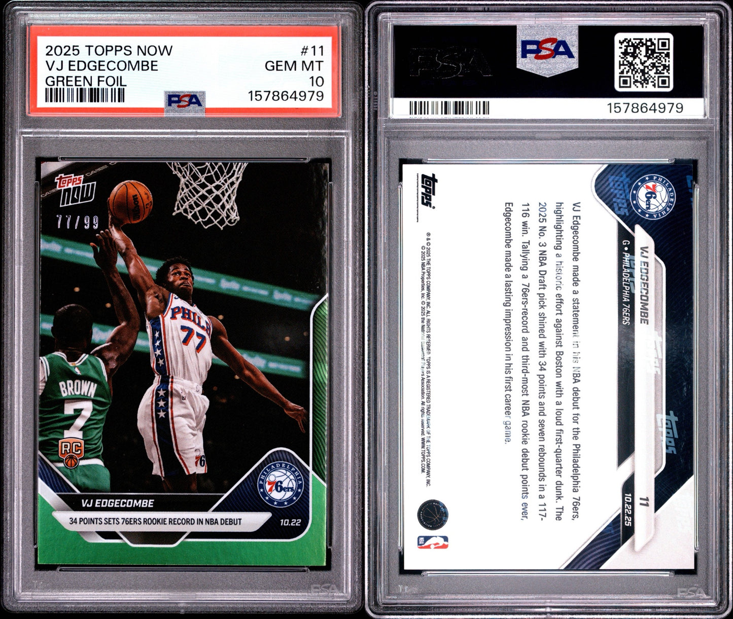 2025 TOPPS NOW #11 VJ EDGECOMBE GREEN FOIL 77/99 PSA 10 JERSY NUMBER MATCH