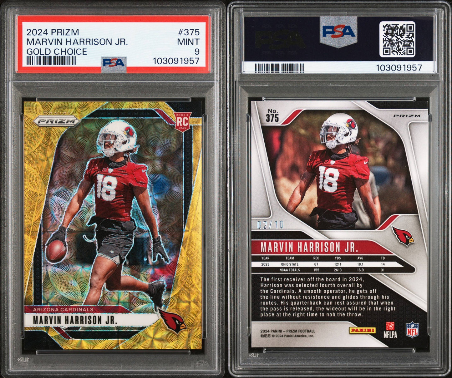2024 PANINI PRIZM #375 MARVIN HARRISON JR. GOLD CHOICE /10 PSA 9 RC