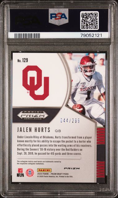 2020 Panini Prizm DP #129 Jalen Hurts Blue Wave Prizm 44/299 PSA 10