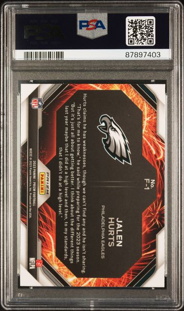 2023 Prizm #F1 Jalen Hurts Fireworks No Huddle PSA 10