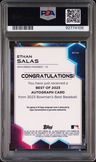 2023 Bowman's Best #B23ES Ethan Salas Best of 2023 Auto Gold Lava 12/75 PSA 10