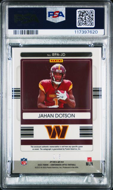2022 Contenders Optic #RPAJD Jahan Dotson Rookie Patch Auto Gold 2/5 PSA 8