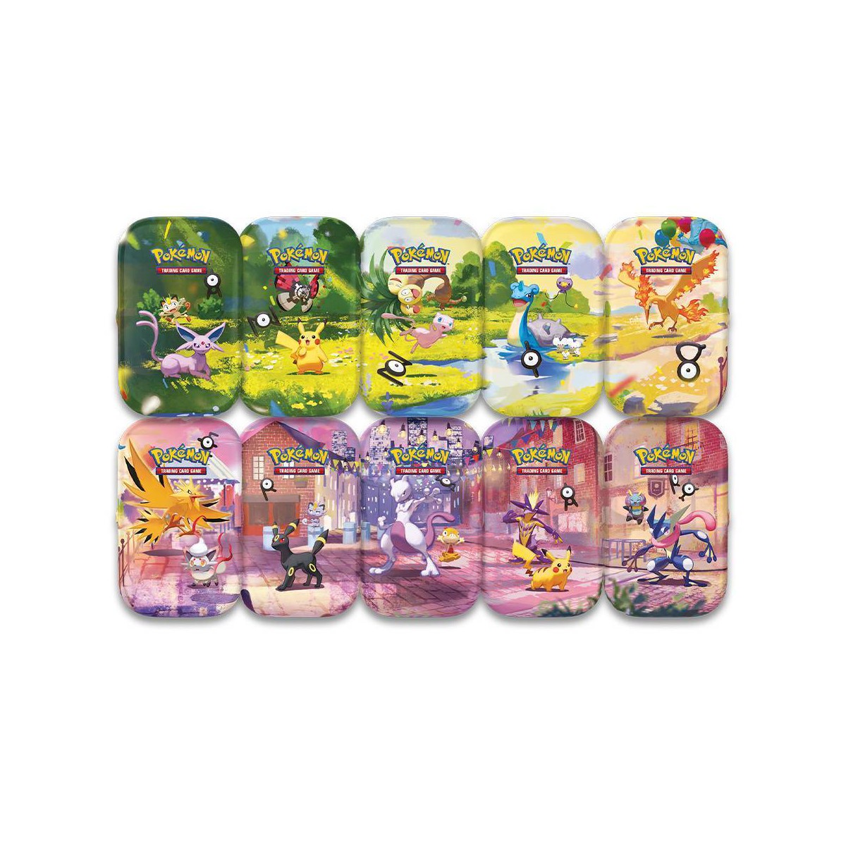 All 10 Pokémon 30th Celebration Mini Tin artwork designs shown for reference; purchase includes one tin