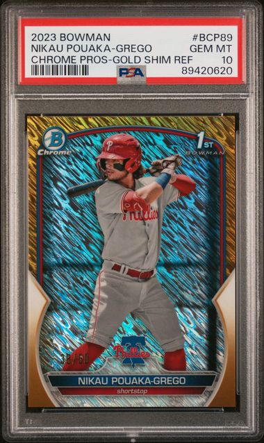 2023 Bowman #BCP89 Nikau Pouaka-Grego Chrome Prospect Gold Shimmer Refractor 38/50 PSA 10