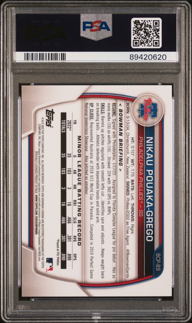 2023 Bowman #BCP89 Nikau Pouaka-Grego Chrome Prospect Gold Shimmer Refractor 38/50 PSA 10