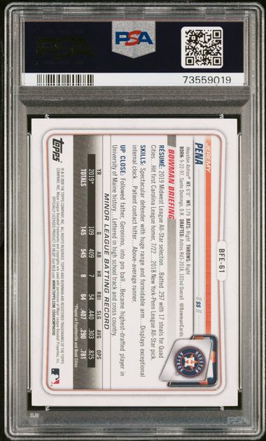 2020 Bowman 1st Edition #BFE61 Jeremy Pena Yellow Foil 2/75 PSA 10