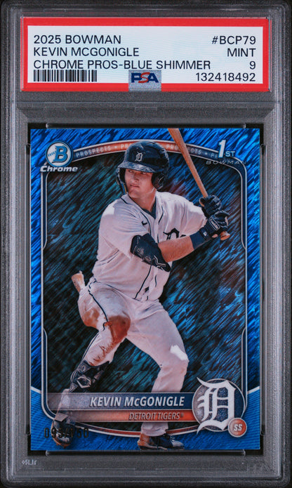 2025 Bowman #BCP79 Kevin McGonigle Chrome Prospect Blue Shimmer 95/150 PSA 9