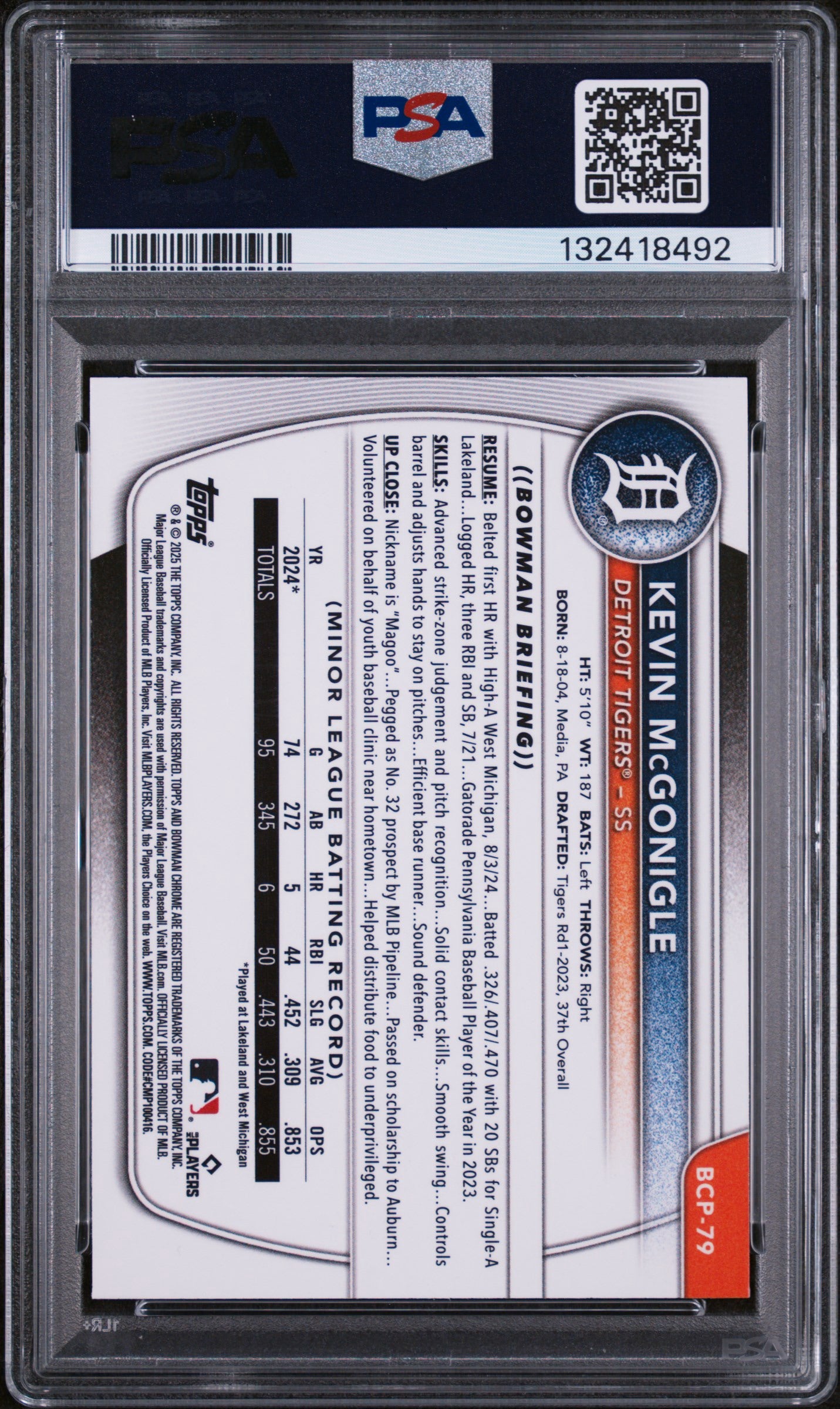 2025 Bowman #BCP79 Kevin McGonigle Chrome Prospect Blue Shimmer 95/150 PSA 9