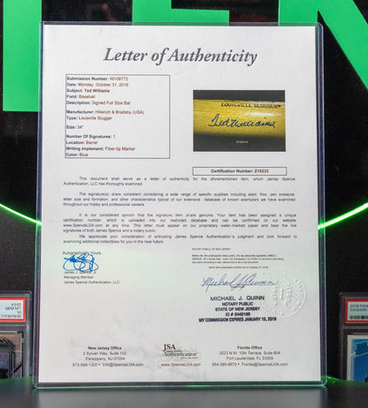 Ted Williams Signed Full Size Bat JSA Authentic