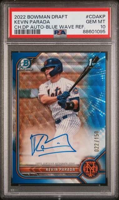 2022 Bowman Draft #CDAKP Kevin Parada Chrome Draft Pick Auto Blue Wave Refractor 22/150 PSA 10