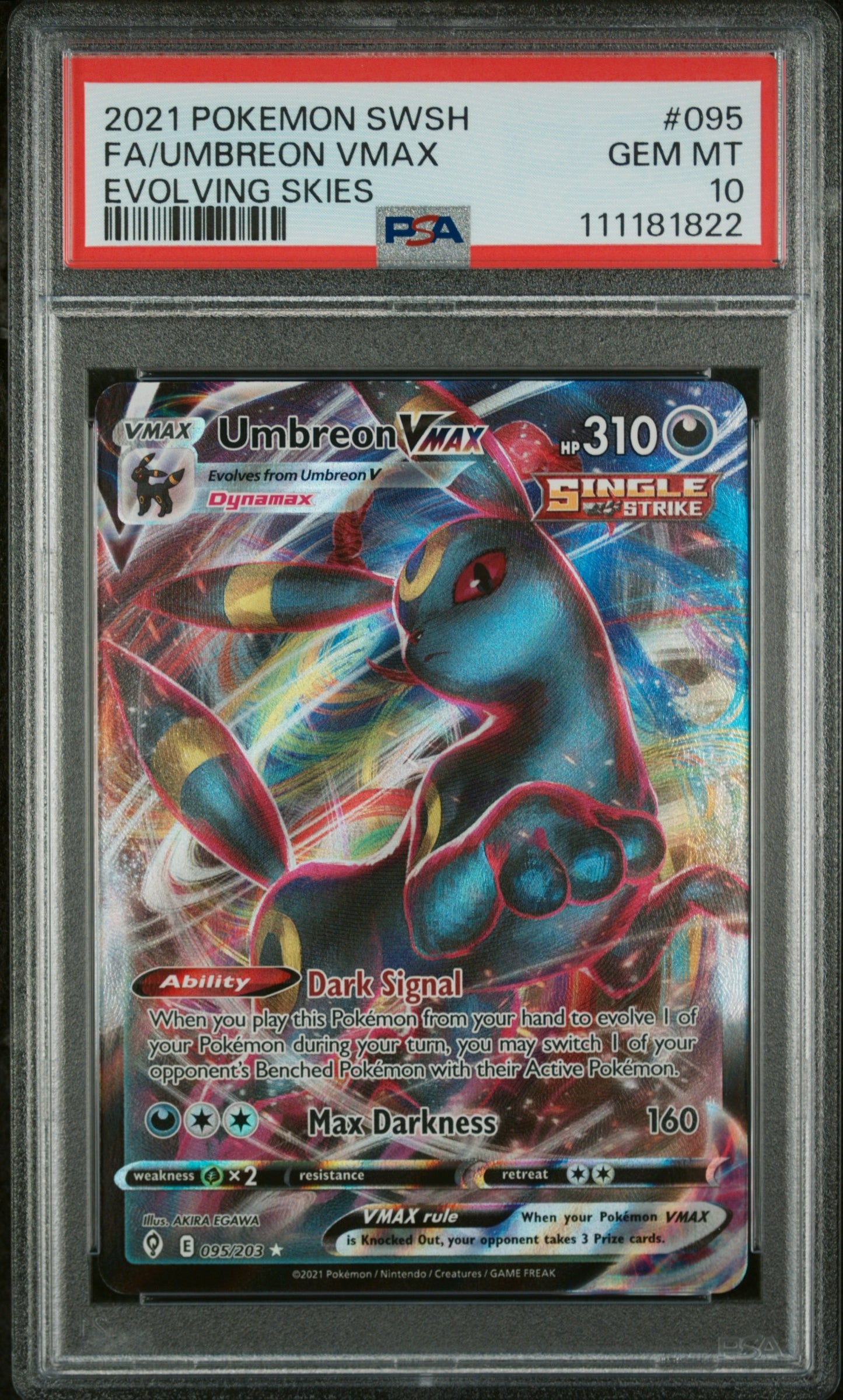 2021 POKEMON SWORD & SHIELD EVOLVING SKIES #095 FA/UMBREON VMAX EVOLVING SKIES PSA 10