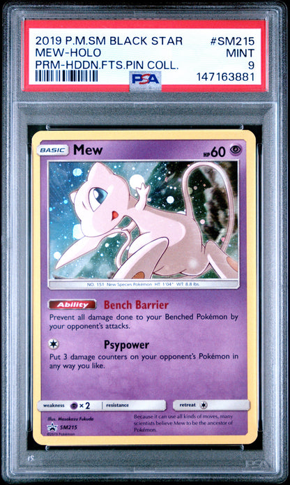 2019 POKEMON SM BLACK STAR PROMO #SM215 MEW-HOLO PRM-HDDN.FTS.PIN COLL. PSA 9