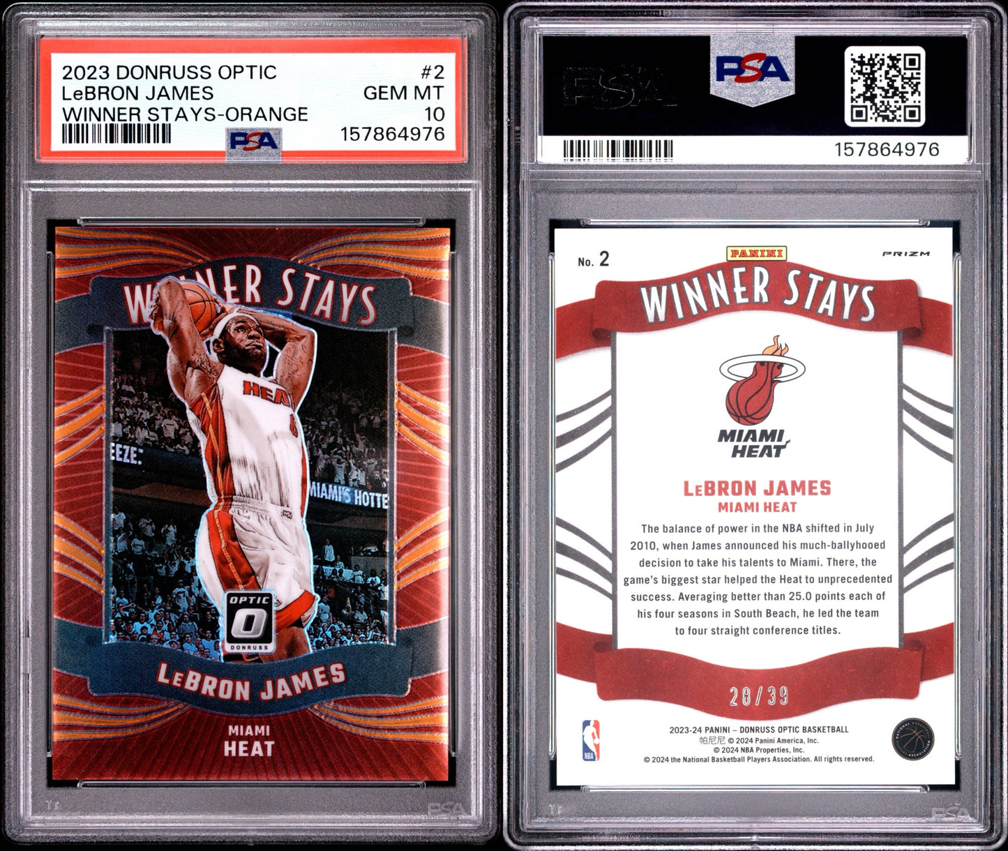 2023 PANINI DONRUSS OPTIC WINNER STAYS #2 LEBRON JAMES WINNER STAYS-ORANGE /39 PSA 10