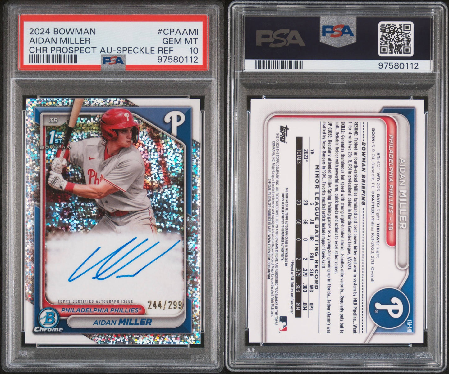 2024 BOWMAN CHROME PROSPECT AUTOGRAPHS #CPAAMI AIDAN MILLER CHR PROSPECT AU-SPECKLE REF /299 PSA 10