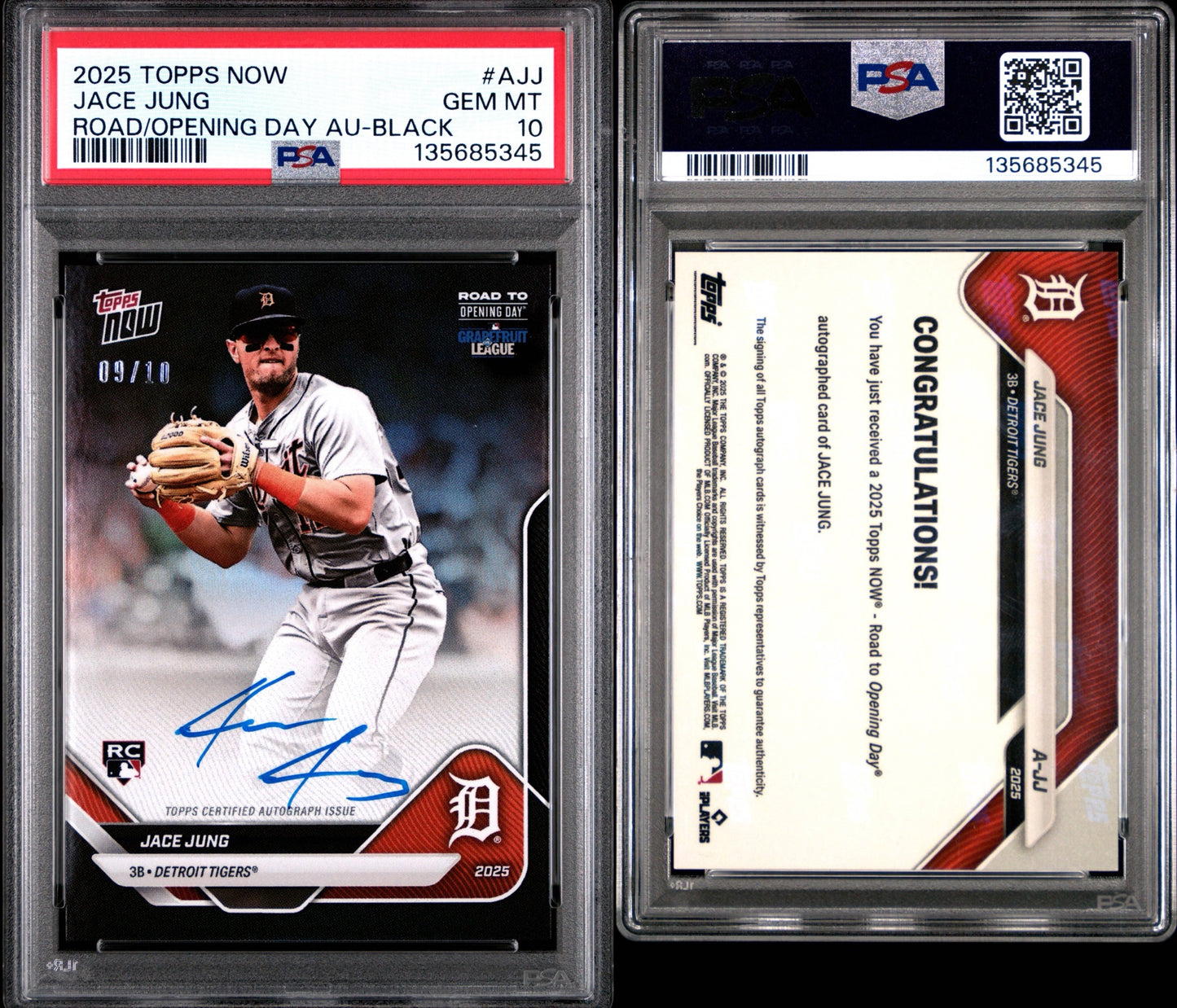 2025 TOPPS NOW ROAD TO OPENING DAY AUTOGRAPH #AJJ JACE JUNG ROAD/OPENING DAY AU-BLACK /10 PSA 10 POP 1