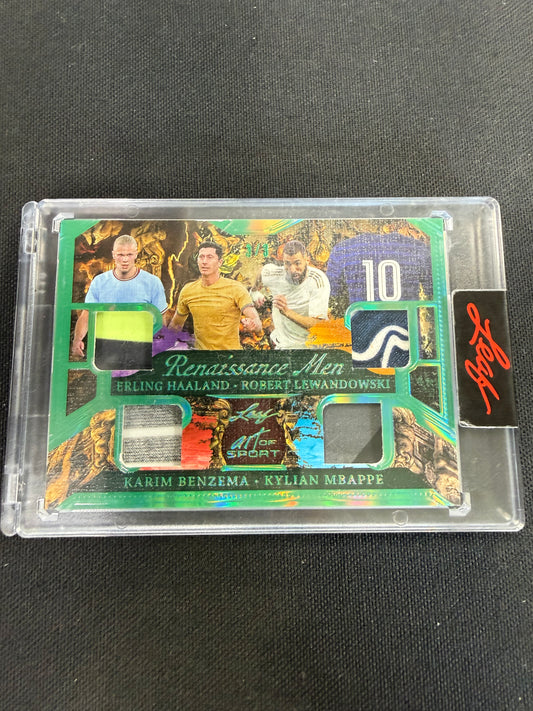 2023 Leaf Art Of Sport Renaissance Men #RM-10 Haaland Mbappe Lewandowski Benzema 3/3 Game Worn