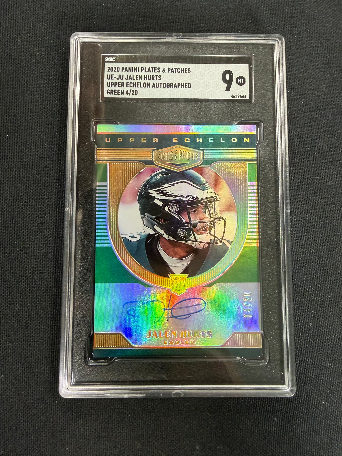 2020 Panini Plates & Patches #UE-JU Jalen Hurts Upper Echelon Autographed Green 4/20 SGC 9
