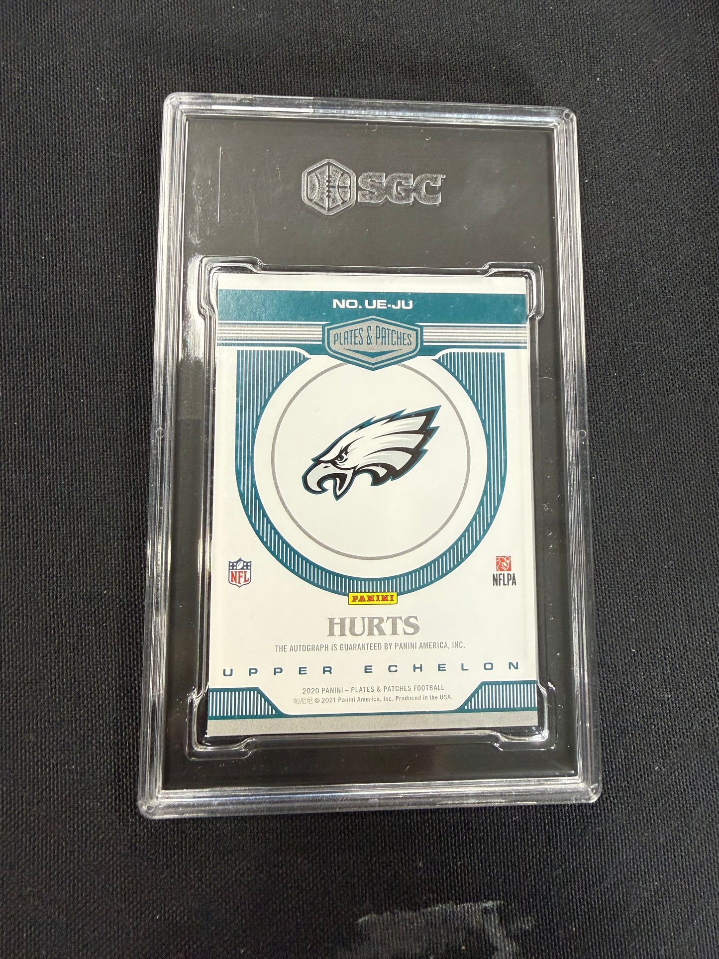 2020 Panini Plates & Patches #UE-JU Jalen Hurts Upper Echelon Autographed Green 4/20 SGC 9