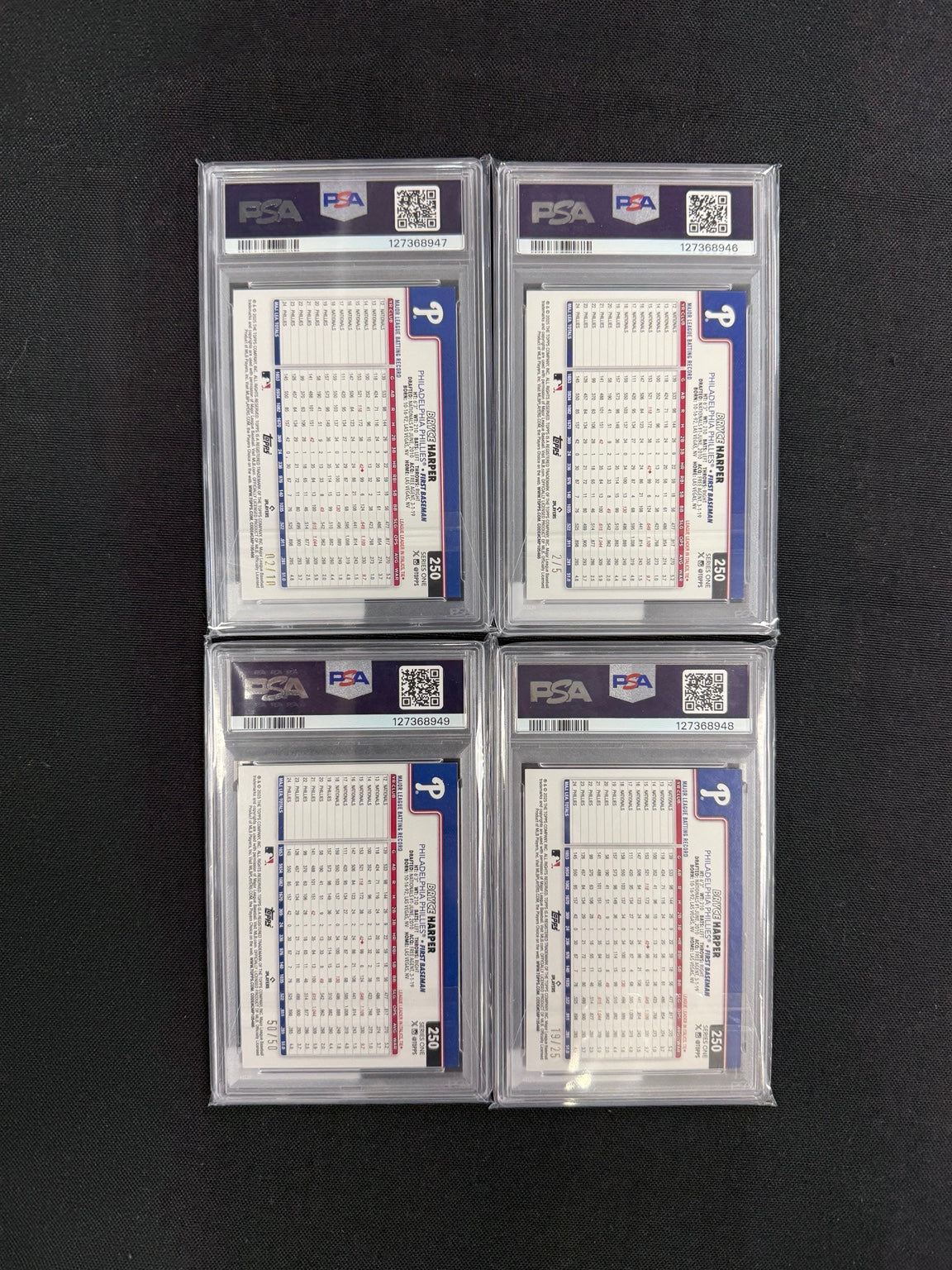 Bryce Harper 2025 Topps Celebration Big Head four card PSA 9 partial rainbow back