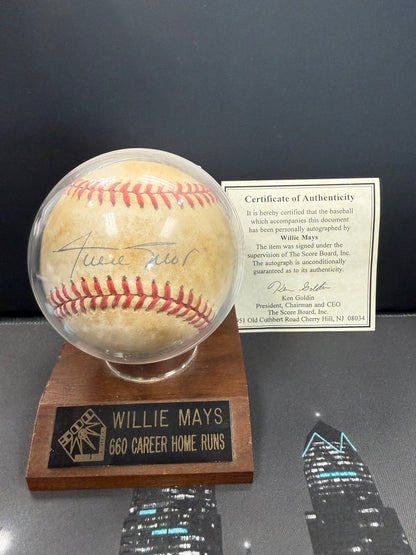 Willie Mays Autographed Baseball with COA & Display Stand