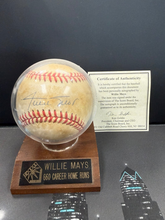 Willie Mays Autographed Baseball with COA & Display Stand