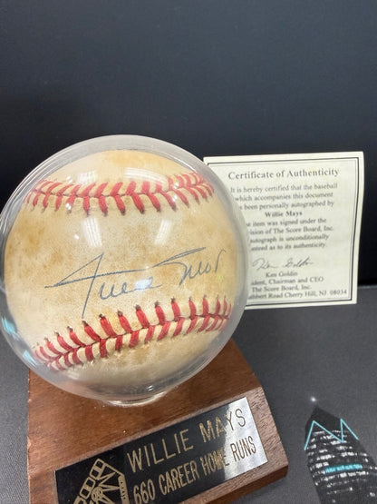 Willie Mays Autographed Baseball with COA & Display Stand