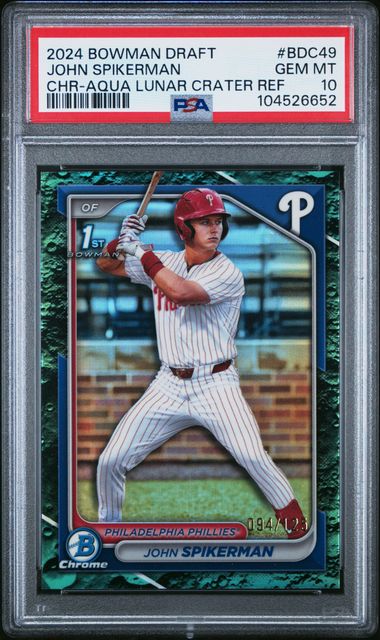 2024 Bowman Draft #BDC49 John Spikerman Chrome Aqua Lunar Crater Refractor 94/125 PSA 10