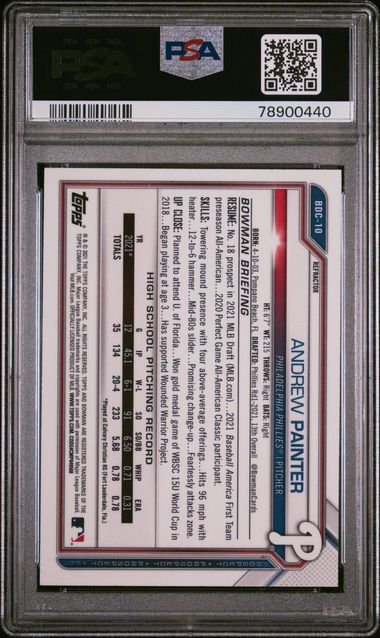 2021 Bowman Draft #BDC10 Andrew Painter Chrome Refractor PSA 10