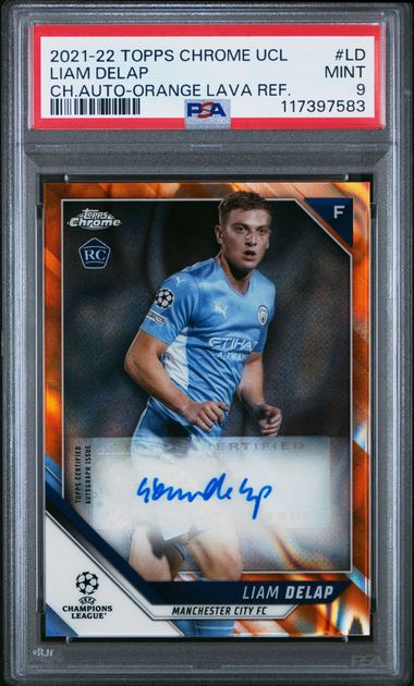 2021-22 Topps Chrome UCL #LD Liam Delap Chrome Auto Orange Lava Refractor PSA 9