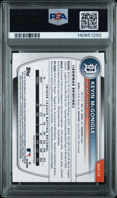 Back of 2025 Bowman Mega Box Kevin McGonigle BCP-79 PSA 10 slab, certification 140651292