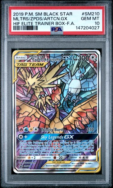 2019 Pokémon Moltres & Zapdos & Articuno GX #SM210 Hidden Fates Promo PSA 10 — front — PSA 147204027