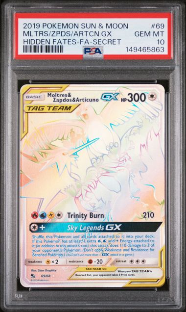 2019 Pokémon Moltres & Zapdos & Articuno GX #69/68 Hidden Fates Secret Rare PSA 10 — front — PSA 149465863