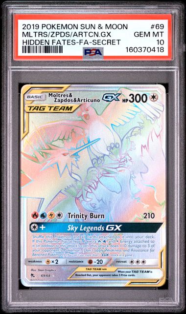 2019 Pokémon Moltres & Zapdos & Articuno GX #69/68 Hidden Fates Secret Rare PSA 10 — front — PSA 160370418